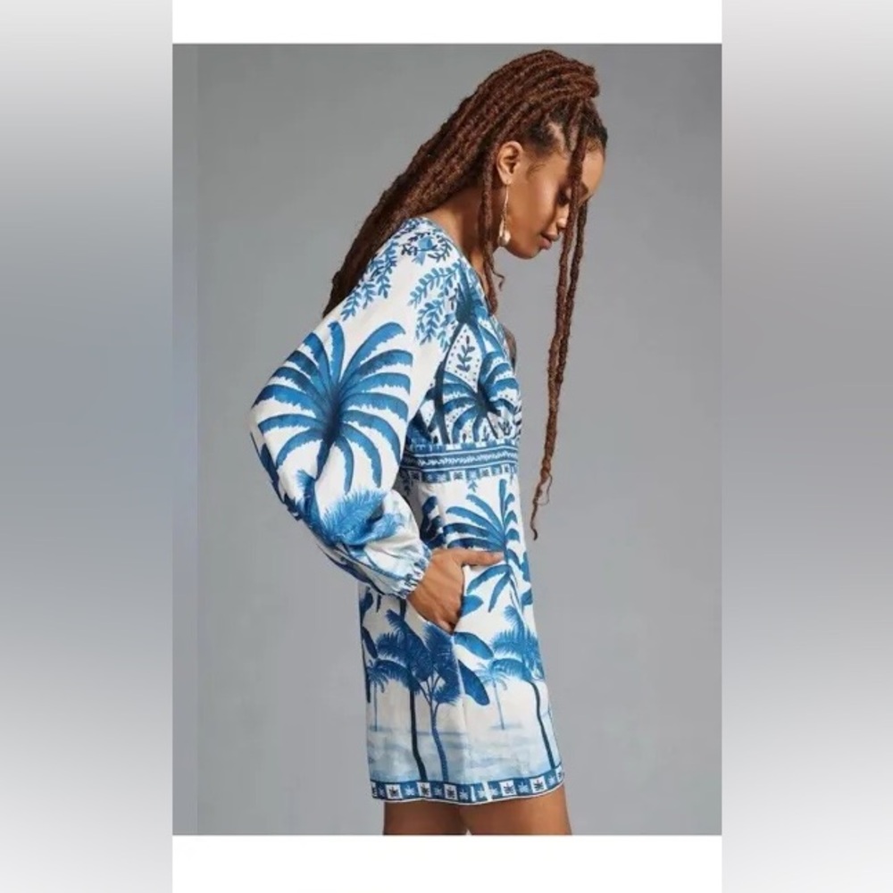 Farm Rio Long-sleeve White And Blue Palms Printed Romper